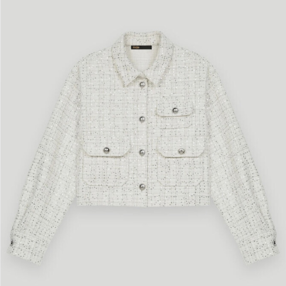 Maje Ecru tweed jacket with sequins
